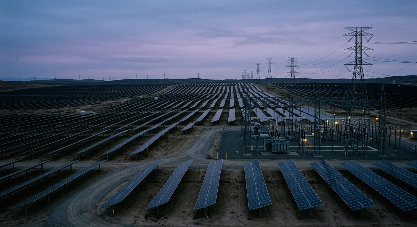 Utility-scale solar field and substation at dusk